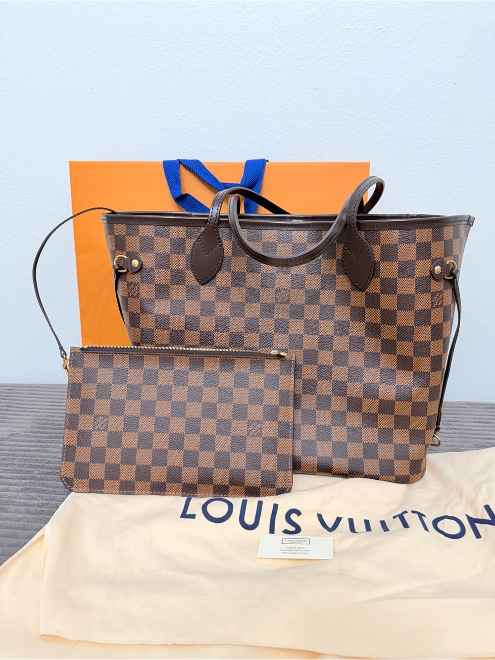 Louis Vuitton Damier Ebene Canvas Neverfull Tote with Zip Pochette in Brown MM - Picture 2 of 16